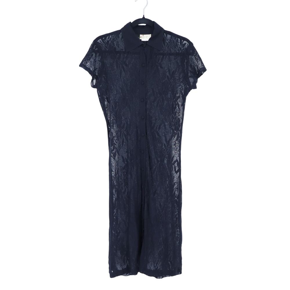 Bonnie Strauss Vintage Lace Shirt Dress Black Collared Short Sleeve Women's 8